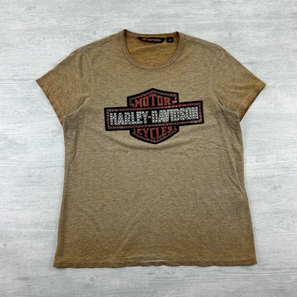 Vintage Y2K Harley Davidson Shirt Size XL Tan Bedazzled Logo Biker Motorcycle